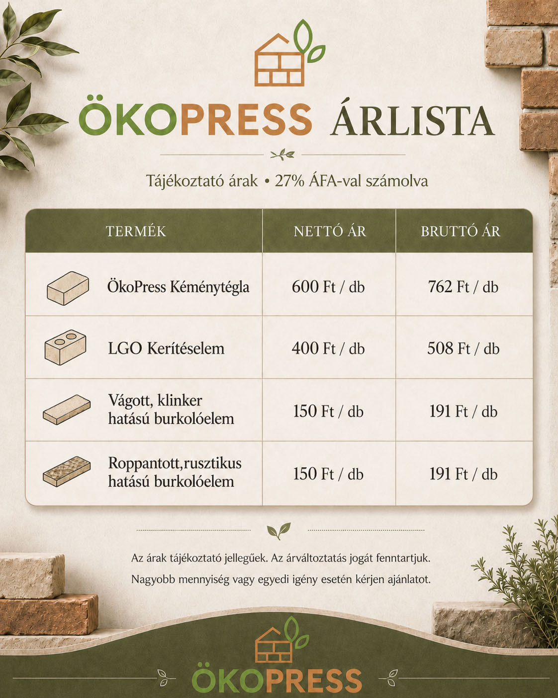 ÖKOPress tégla árlista
